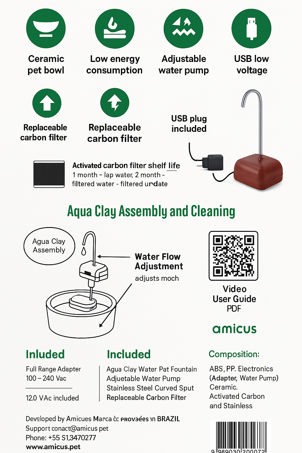 AMICUS - Aqua Clay Basic -Cat Water Fountain - Dogs&Cats&Pets&Small Animals Automatic Bowl Dispenser - Pet Drinking Waterer Bowls Indoor - Auto Kitty Watering Dish Supplies- 84.53 fl oz/ 2.5L