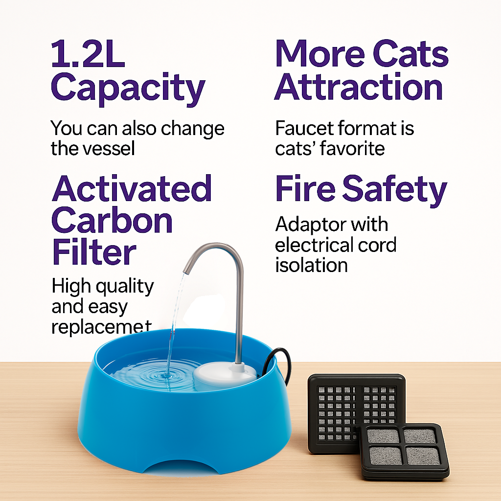 Aqua MINI Portable Pet Water Fountain - Automatic Drinking Bowl for Cats and Dogs - Stainless Steel Faucet - Replaceable Filters - Easy Cleaning - Ideal for Multiple Pets - 1.2L/42 fl oz - Blue