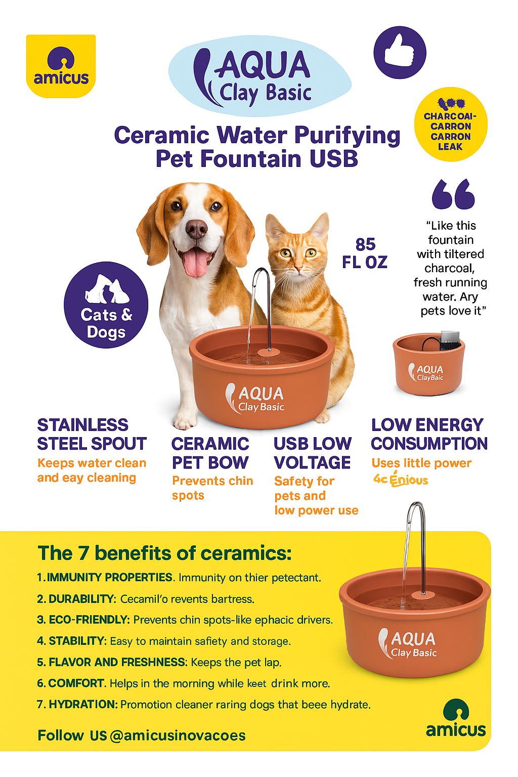 AMICUS - Aqua Clay Basic -Cat Water Fountain - Dogs&Cats&Pets&Small Animals Automatic Bowl Dispenser - Pet Drinking Waterer Bowls Indoor - Auto Kitty Watering Dish Supplies- 84.53 fl oz/ 2.5L